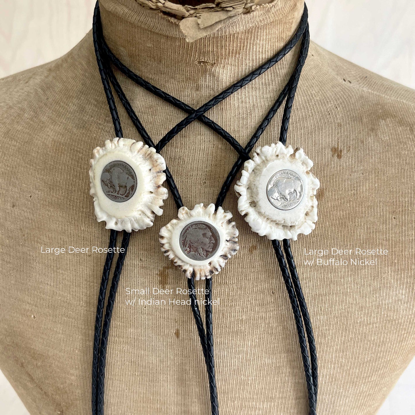 Bolo Tie - Deer Antler Rosette - Indian Head Nickel