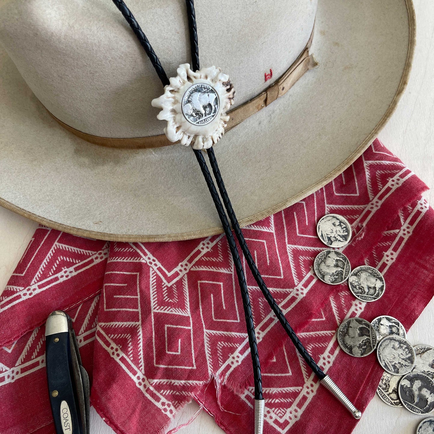 Bolo Tie - Deer Antler Rosette - Buffalo Nickel