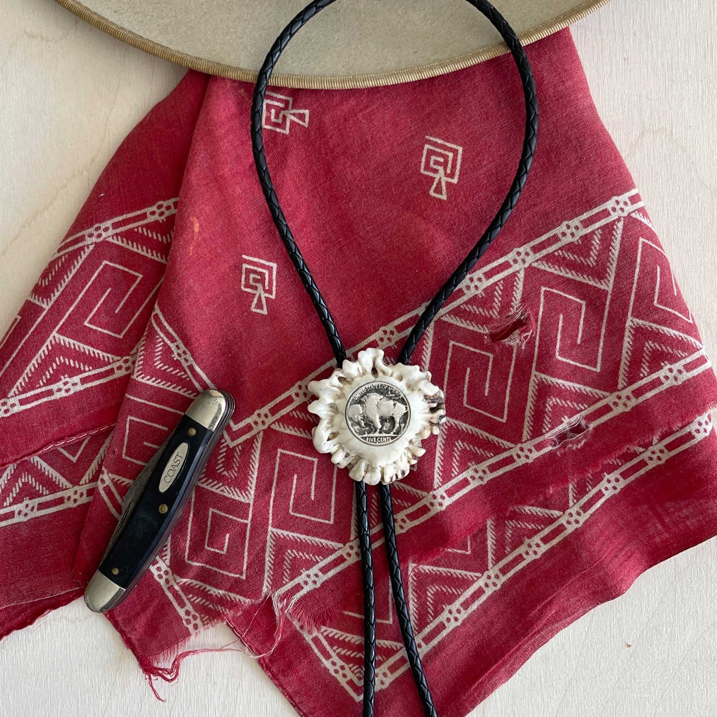 Bolo Tie - Deer Antler Rosette - Buffalo Nickel