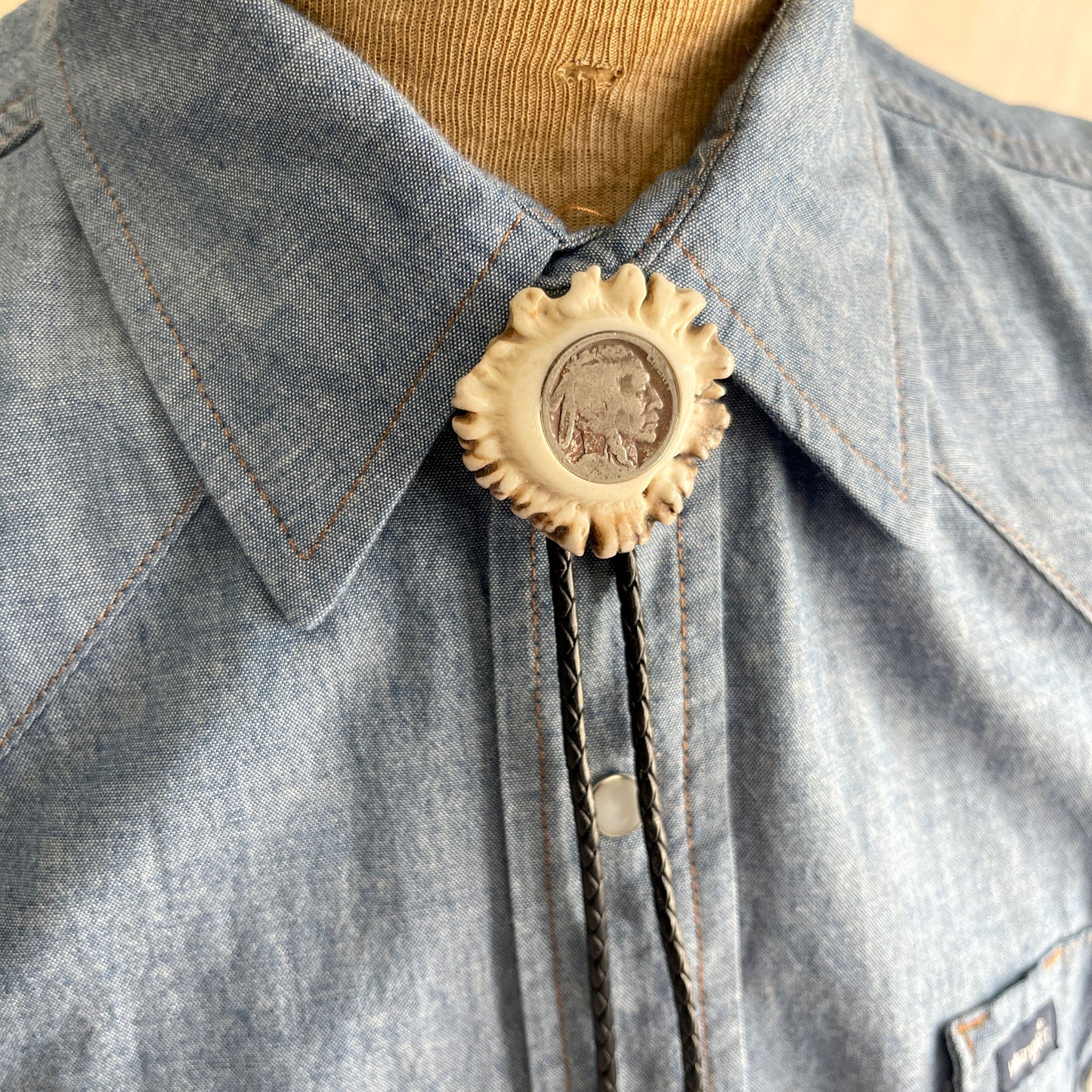 Bolo Tie - Deer Antler Rosette - Indian Head Nickel