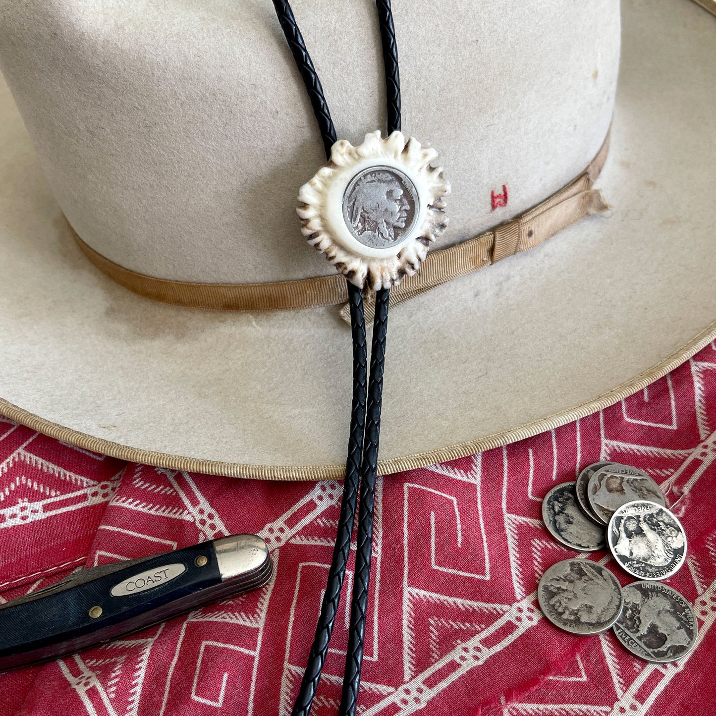 Bolo Tie - Deer Antler Rosette - Indian Head Nickel