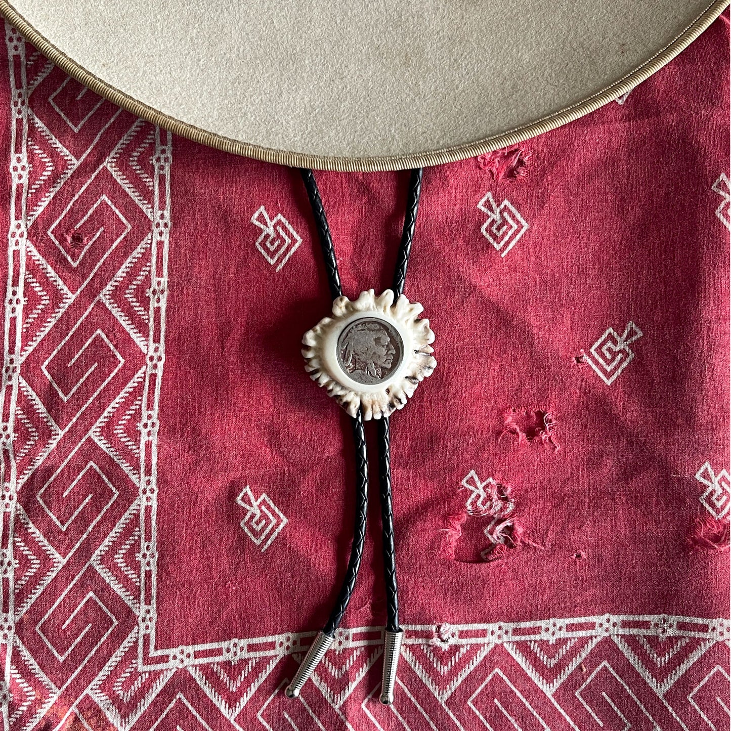Bolo Tie - Deer Antler Rosette - Indian Head Nickel