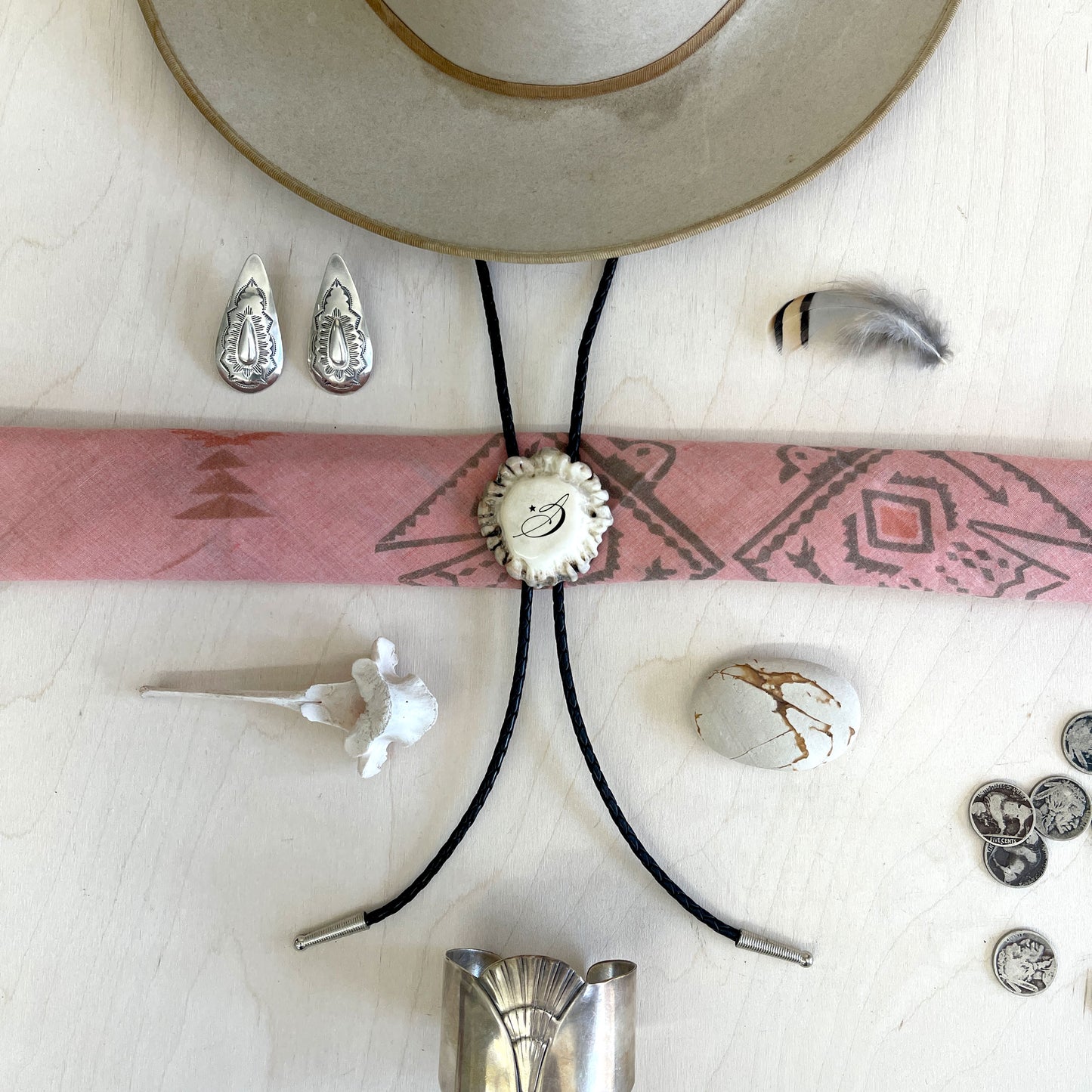Bolo Tie - Deer Antler Rosette - Custom Laser Etched