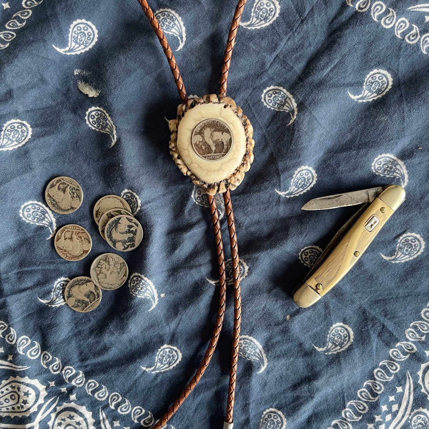 Bolo Tie - Elk Antler Rosette - Buffalo/Indian Nickel