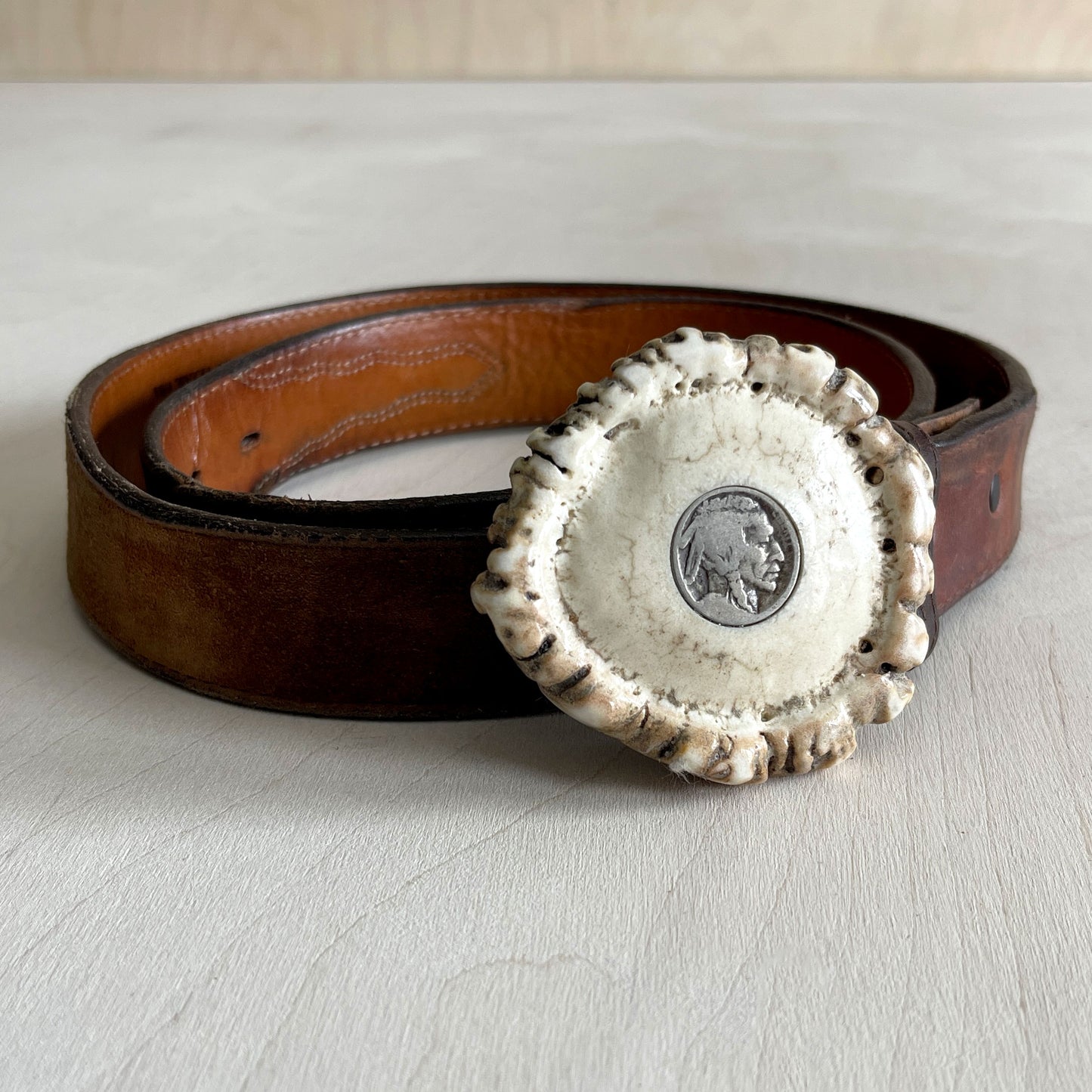 Elk Antler Belt Buckle - Buffalo Nickel