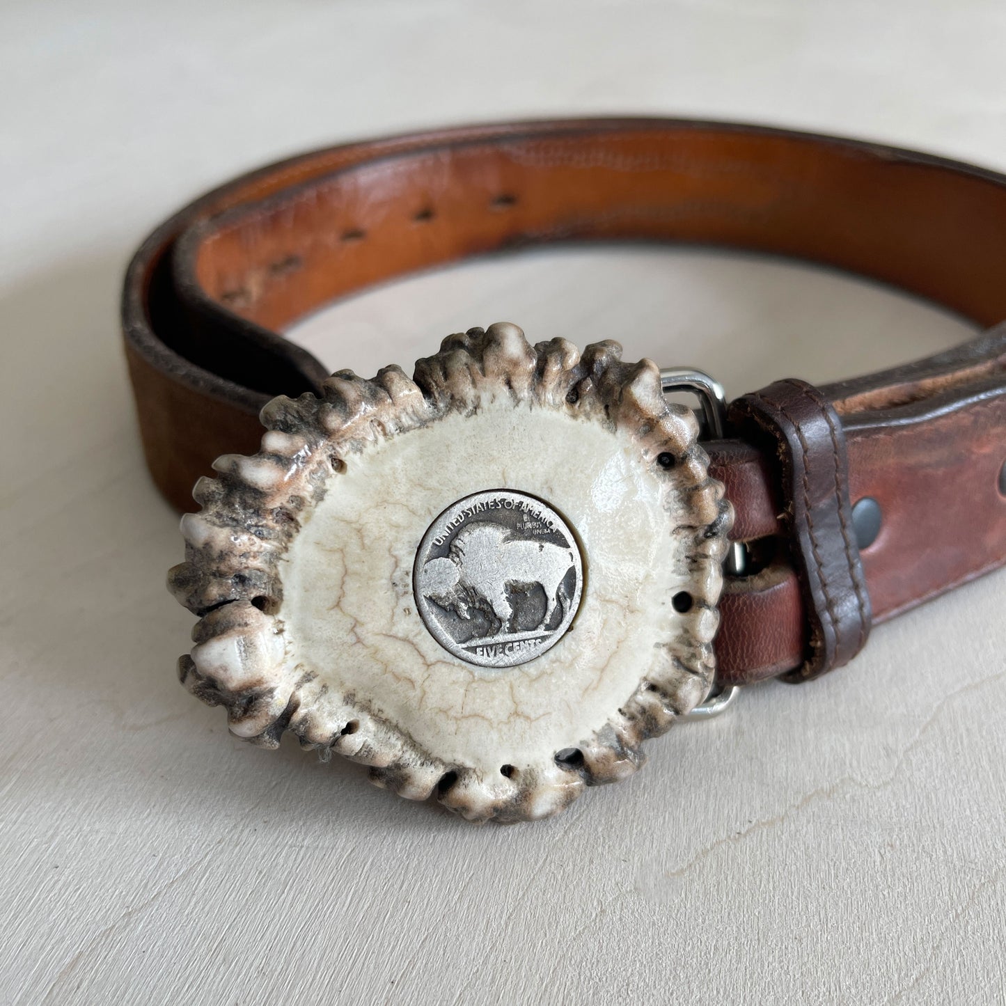 Elk Antler Belt Buckle - Buffalo Nickel