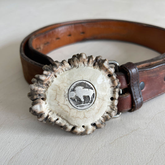 Elk Antler Belt Buckle - Buffalo Nickel