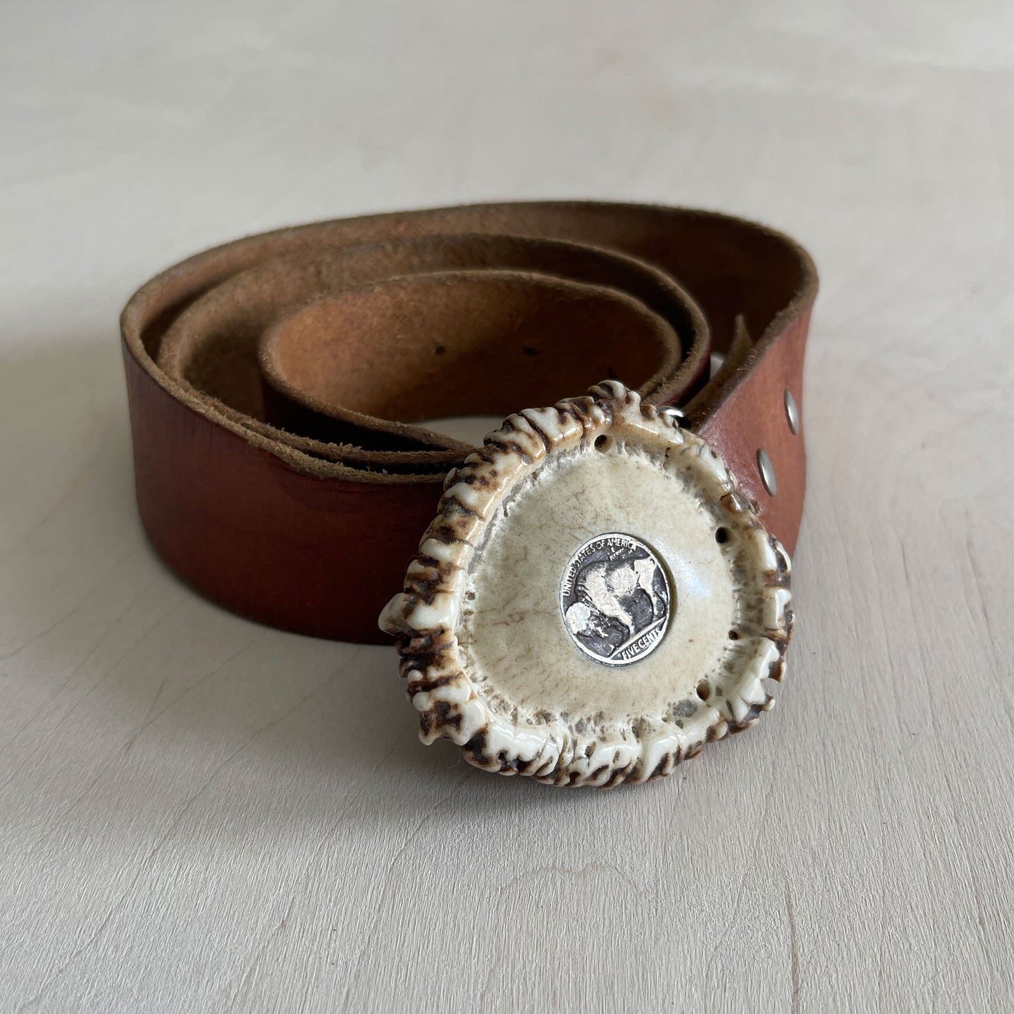 Elk Antler Belt Buckle - Buffalo Nickel