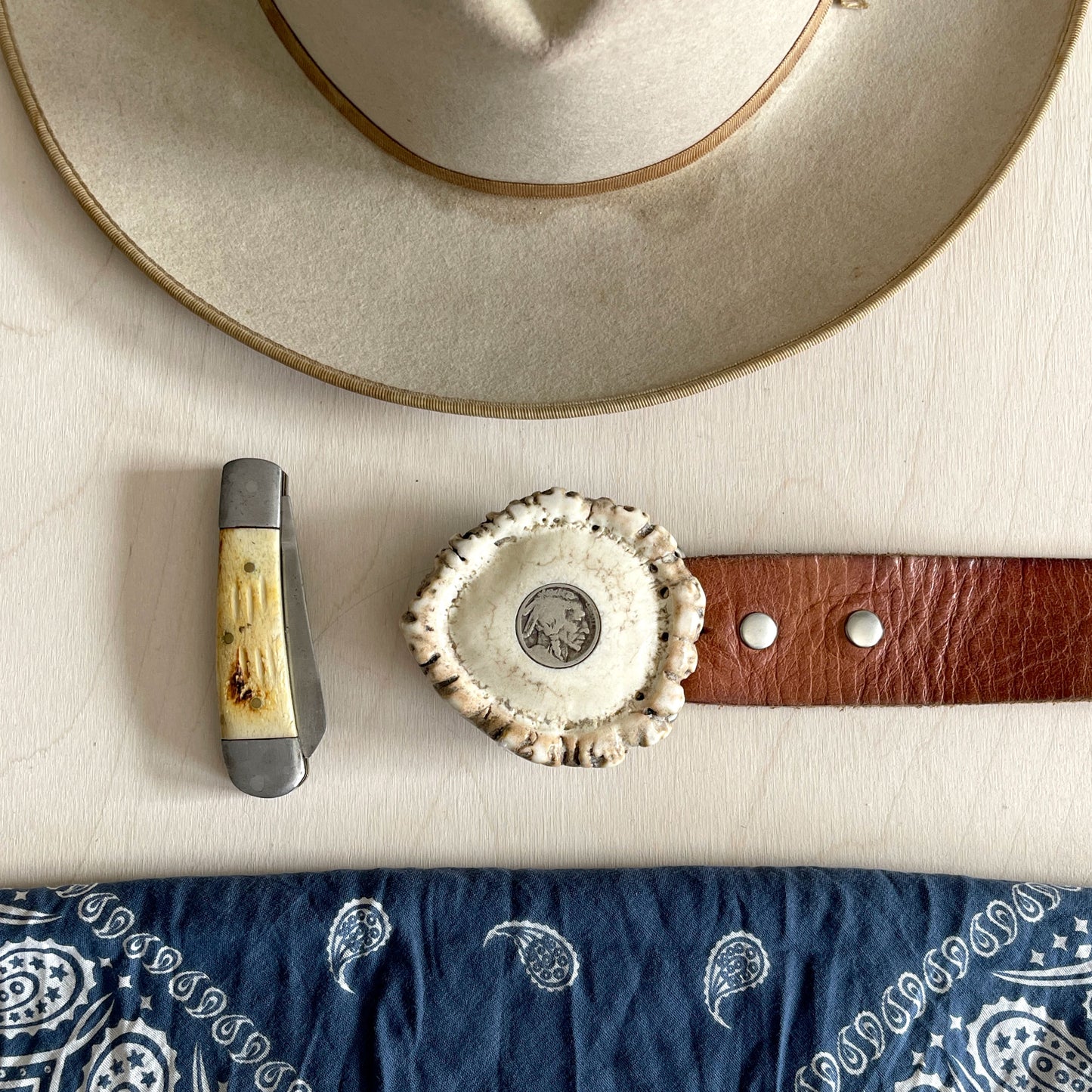 Elk Antler Belt Buckle - Buffalo Nickel
