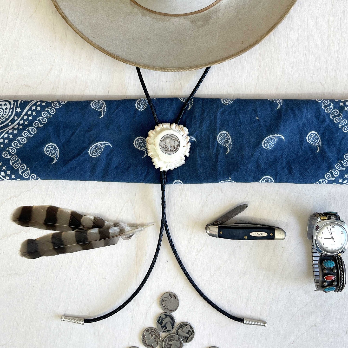 Bolo Tie - Deer Antler Rosette - Buffalo Nickel